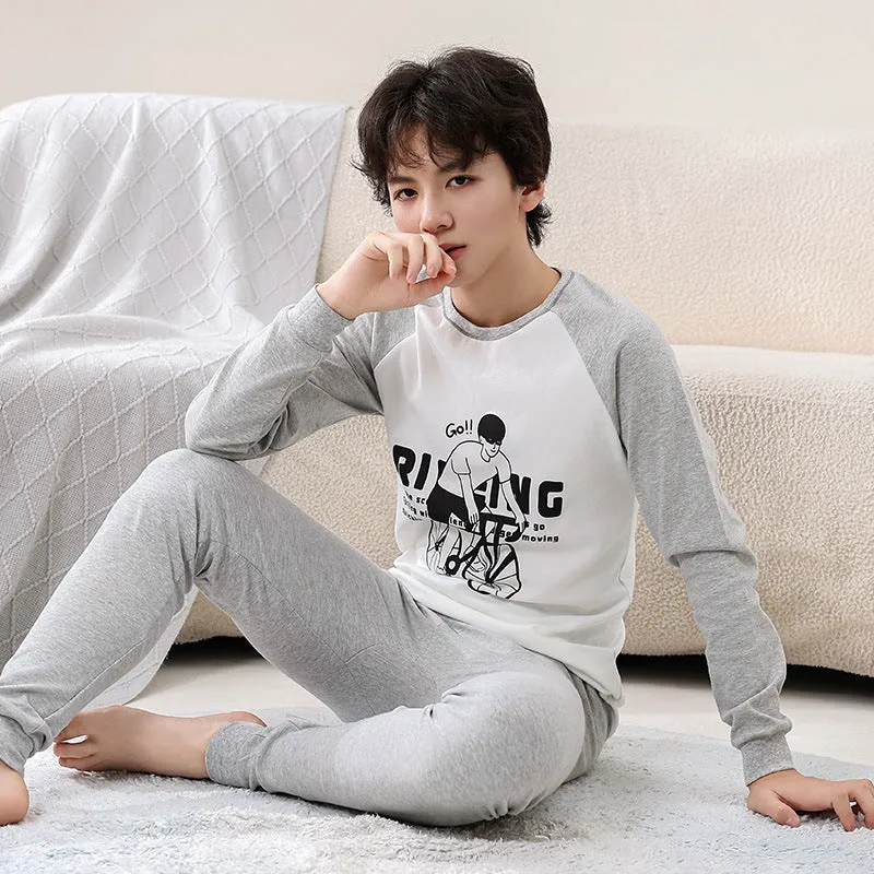 Cotton children's pyjama set top and trousers, blue screen cat pattern, suitable for boys and teens 130-177cm