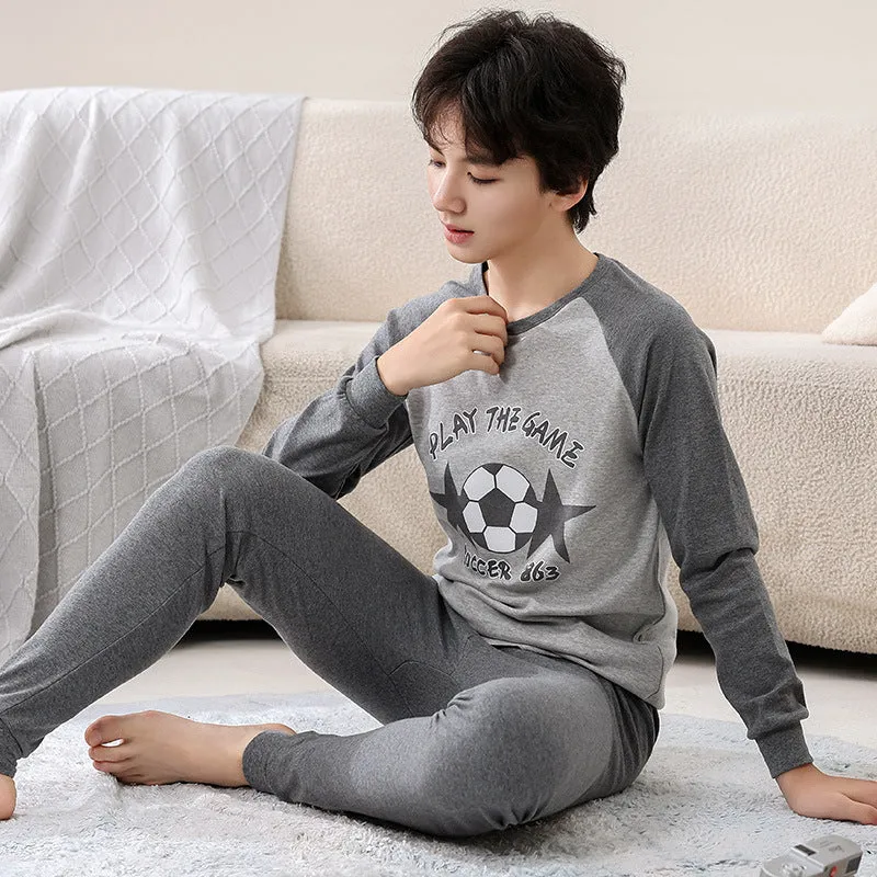 Cotton children's pyjama set top and trousers, blue screen cat pattern, suitable for boys and teens 130-177cm