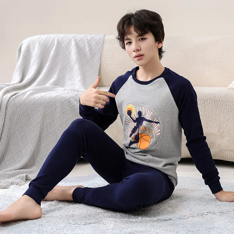 Cotton children's pyjama set top and trousers, blue screen cat pattern, suitable for boys and teens 130-177cm
