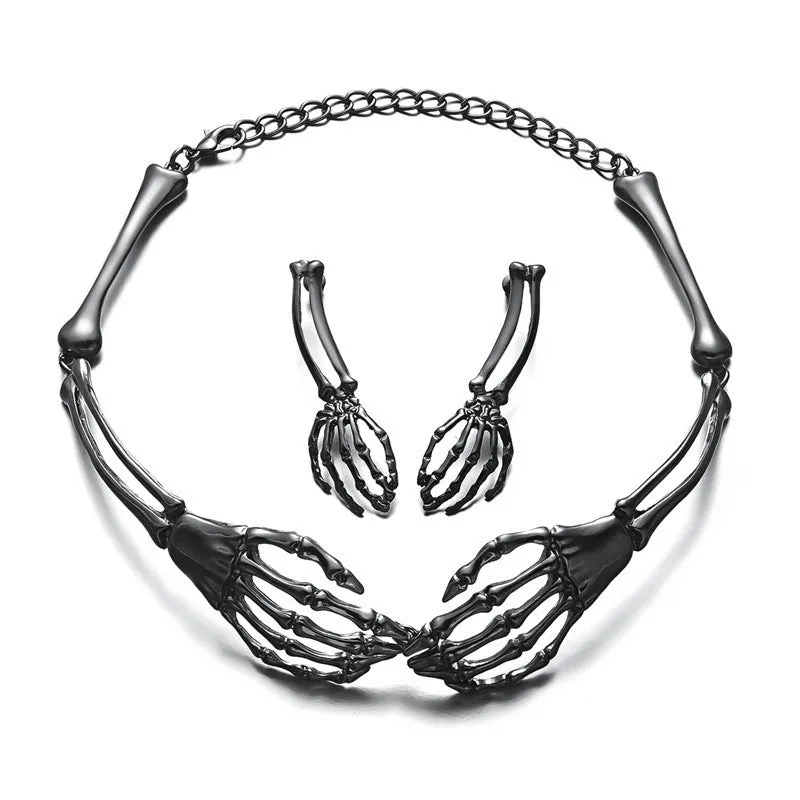 Dark style skull and ghost hand necklace and earrings set in silver or black electroplated alloy with 41-50cm chain