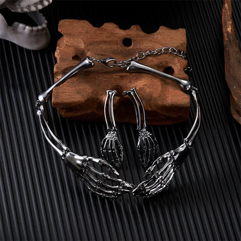 Dark style skull and ghost hand necklace and earrings set in silver or black electroplated alloy with 41-50cm chain