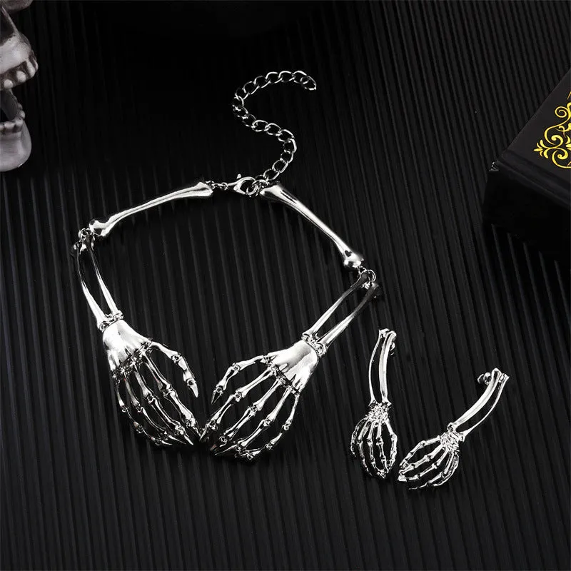 Dark style skull and ghost hand necklace and earrings set in silver or black electroplated alloy with 41-50cm chain