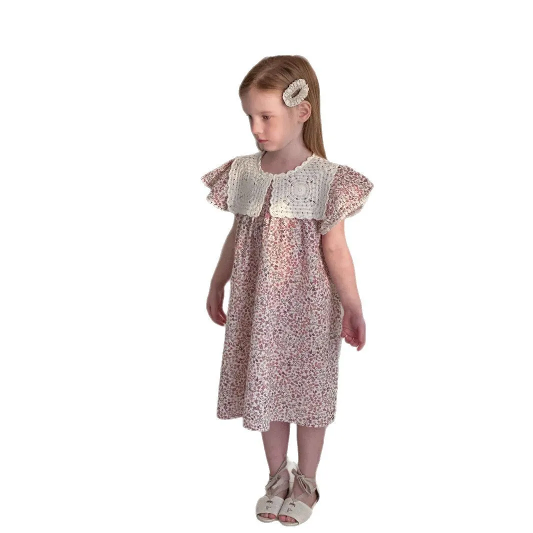 Summer cotton flounced sleeve princess dress for girls, floral pattern, A-line skirt, sizes 90-140cm
