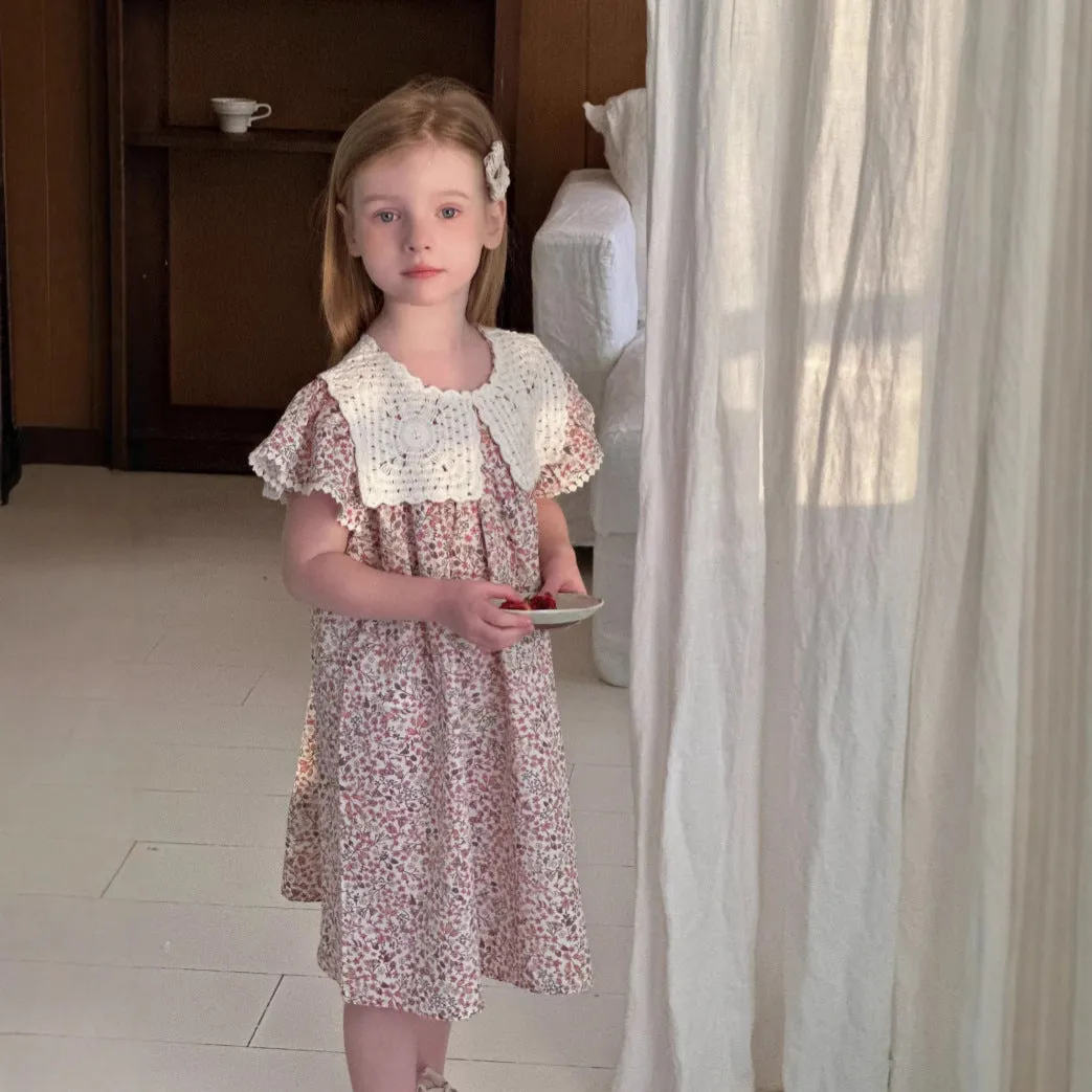 Summer cotton flounced sleeve princess dress for girls, floral pattern, A-line skirt, sizes 90-140cm