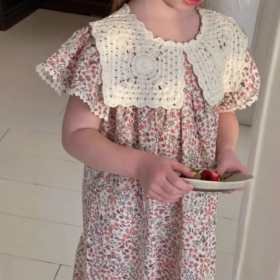 Summer cotton flounced sleeve princess dress for girls, floral pattern, A-line skirt, sizes 90-140cm