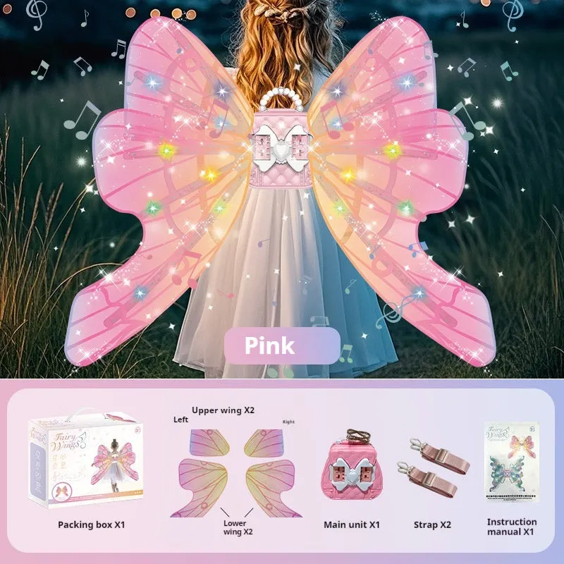 Children's electric butterfly glowing wing toy in pink backpack style with fan sound for girls aged 4-6
