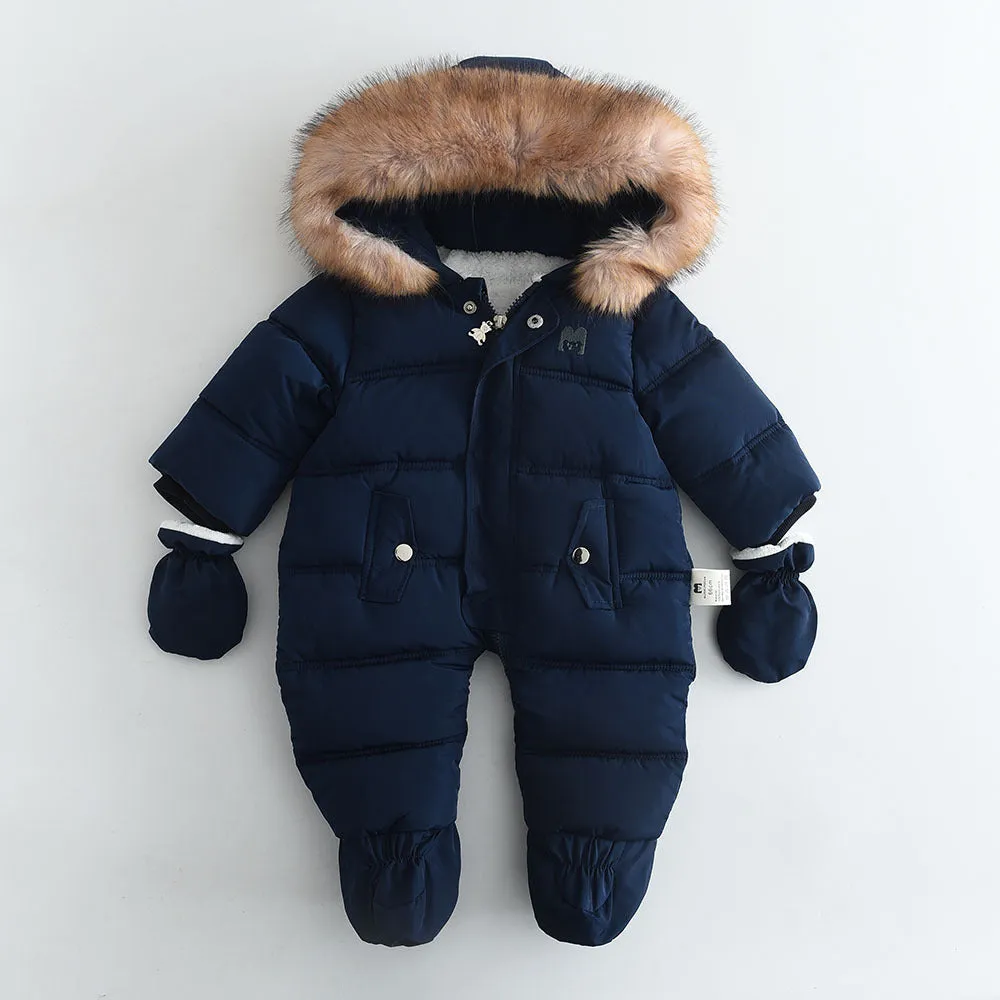 Fleece-lined thick hooded baby jumpsuit in beige with zip front and fur hood