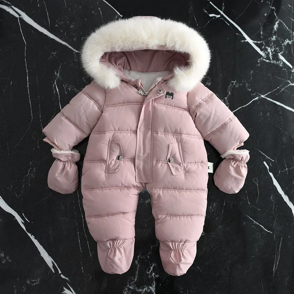 Fleece-lined thick hooded baby jumpsuit in beige with zip front and fur hood