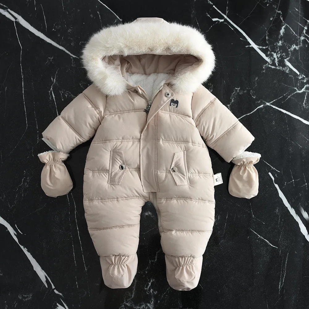 Fleece-lined thick hooded baby jumpsuit in beige with zip front and fur hood