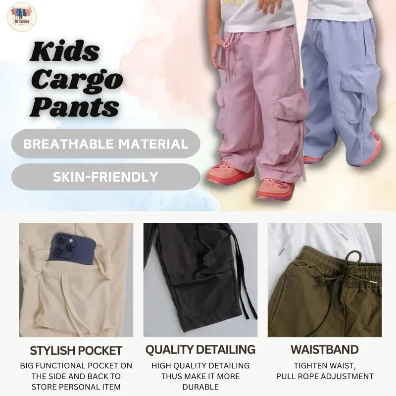 Unisex children cargo pants in solid colour with multiple pockets, suitable for heights 80-150 cm