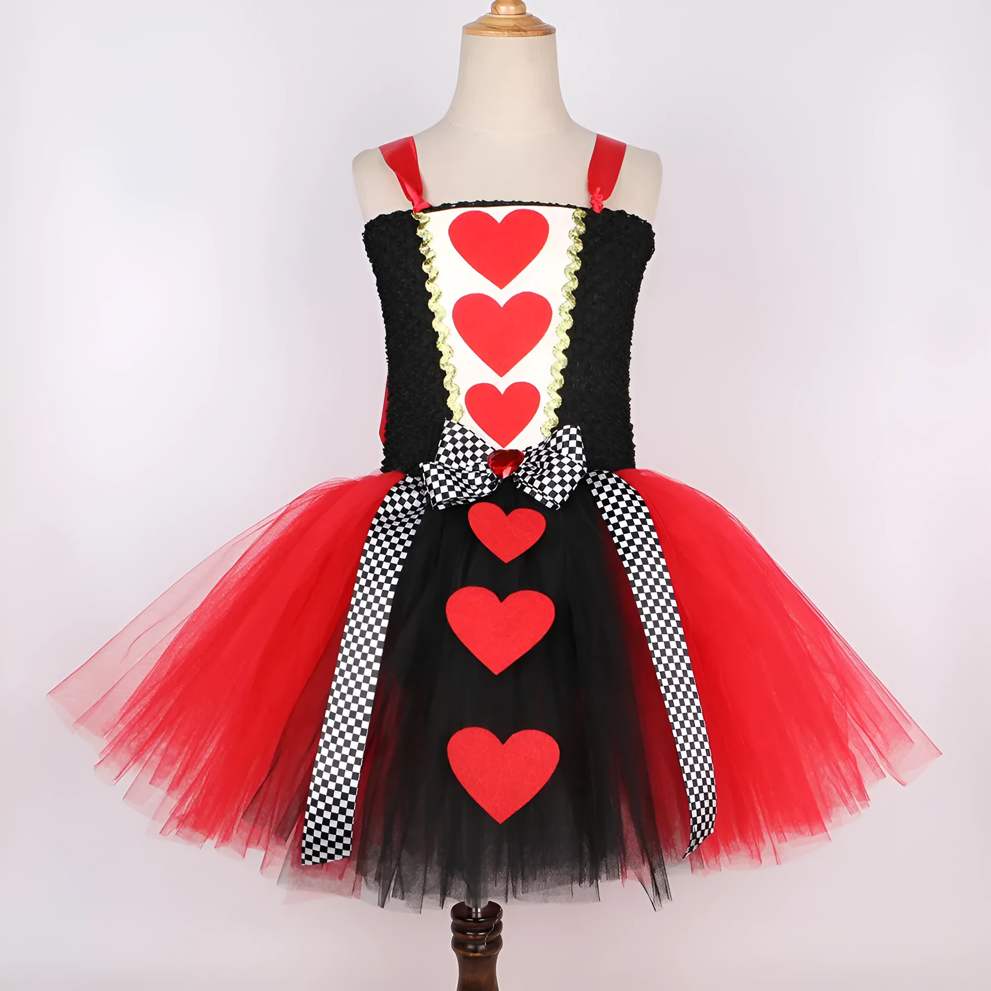Children's mesh peach heart queen princess dress with non-slip headband in plaid pattern