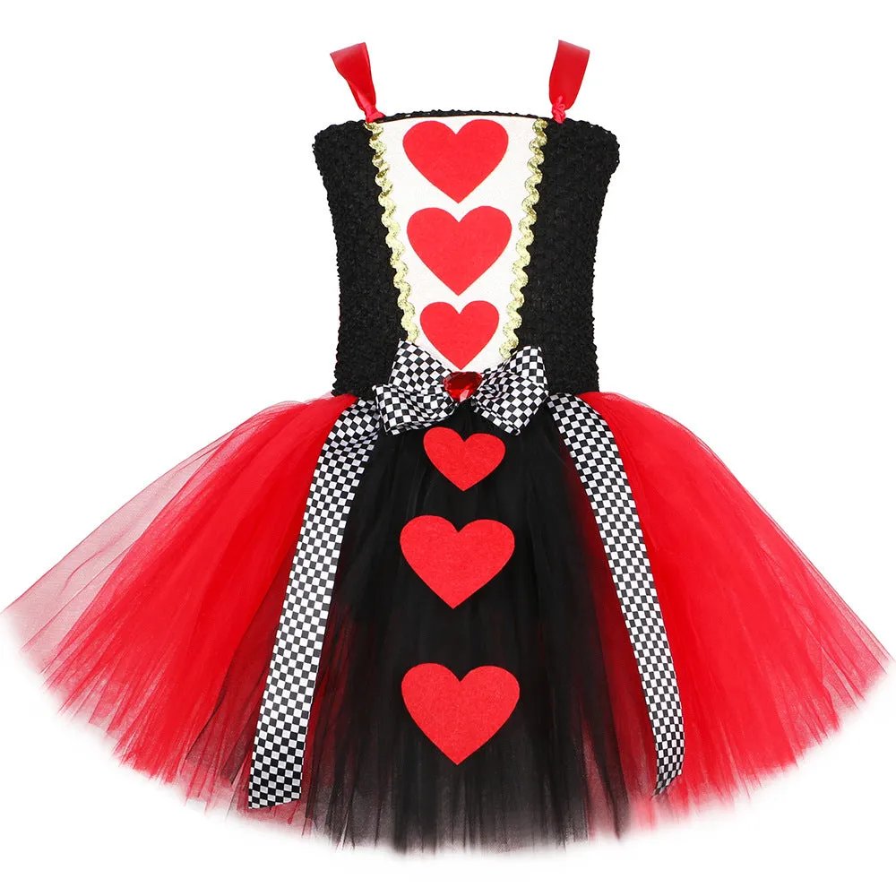 Children's mesh peach heart queen princess dress with non-slip headband in plaid pattern