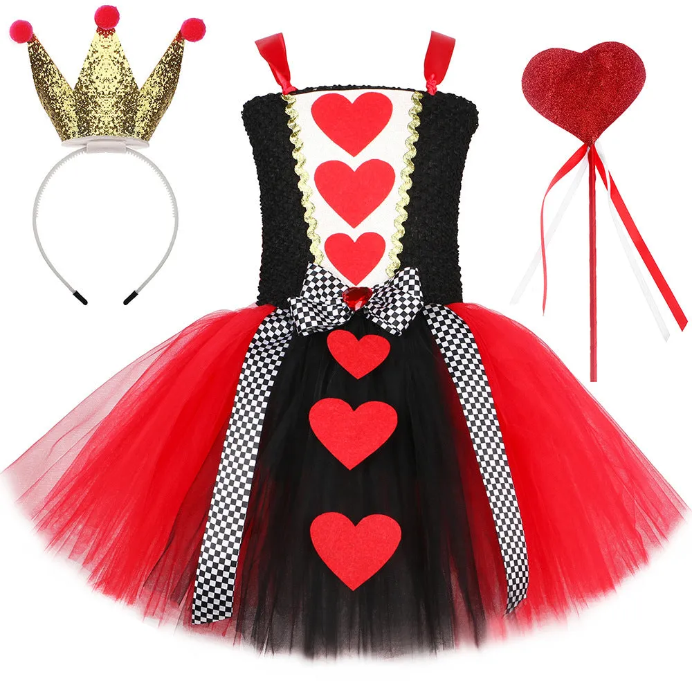 Children's mesh peach heart queen princess dress with non-slip headband in plaid pattern
