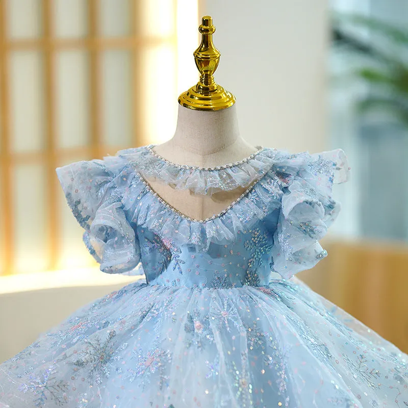 Sky blue polyester princess costume dress for girls, available in heights 90-130cm