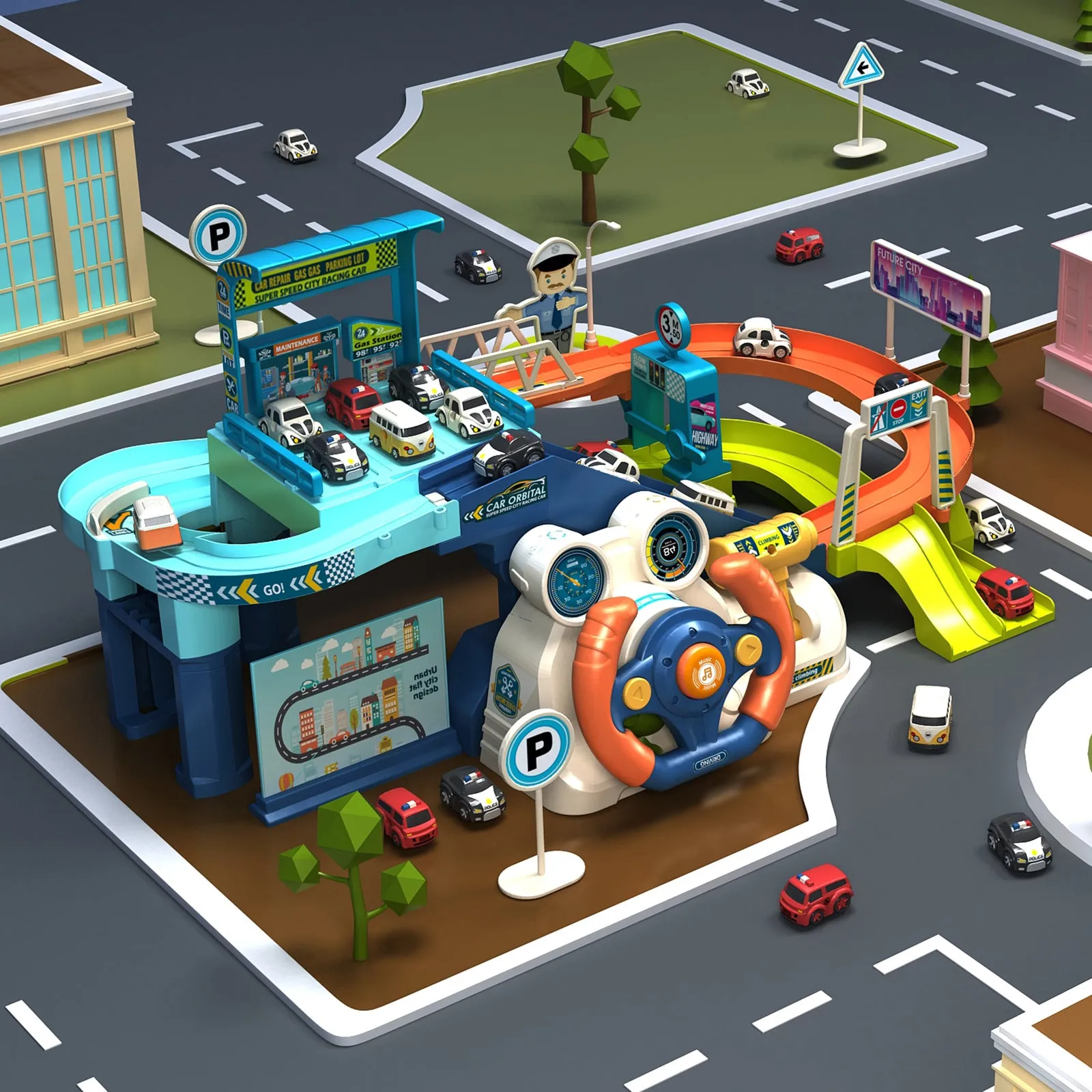 Children's Adventure Steering Wheel Car Building Parking Lot Intelligence Brain Rail Car with electric manual dual mode plastic construction urban traffic rail
