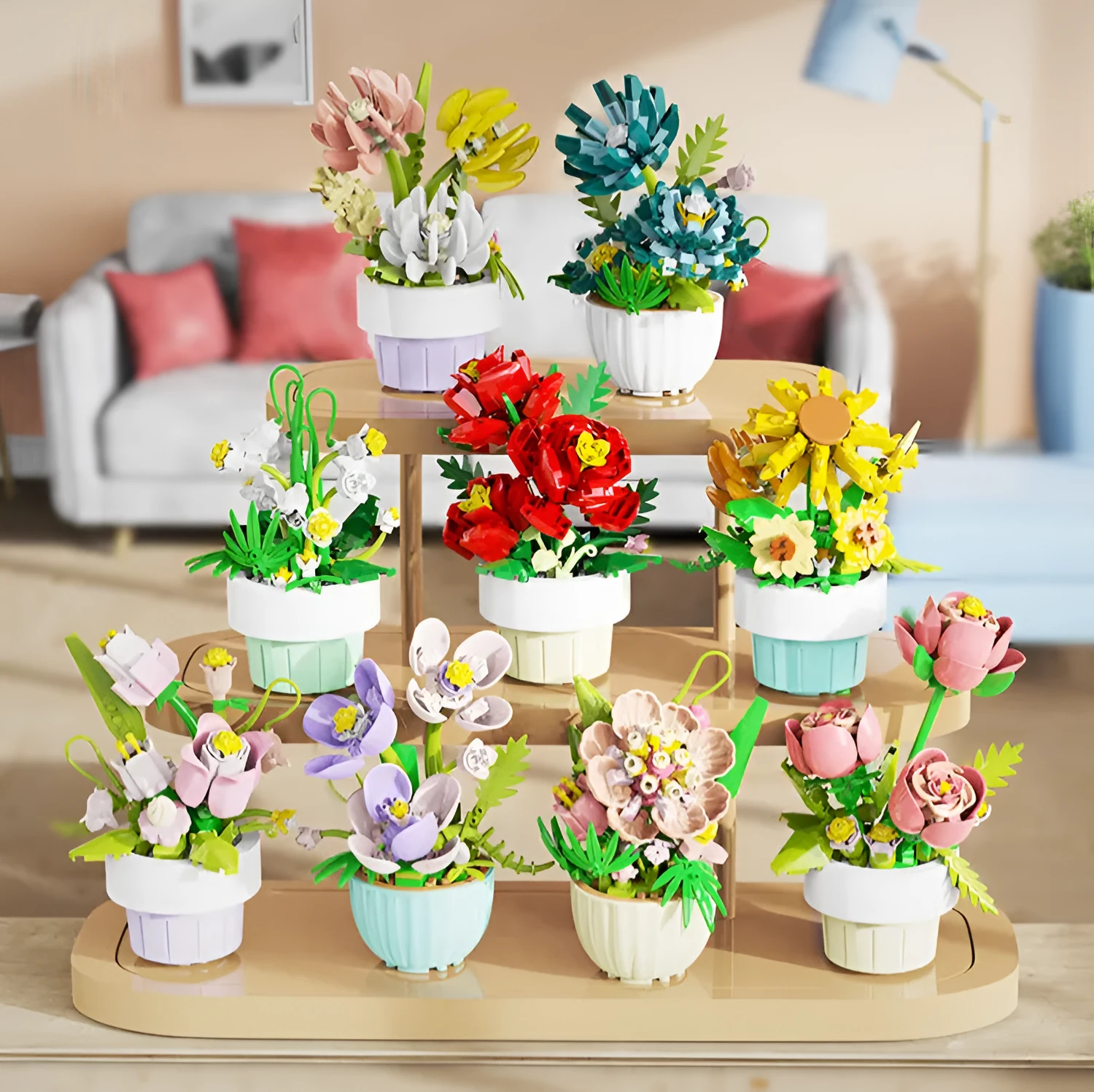 Micro diamond particle potted building blocks set in Smile to the Sun flower design, displayed in colour box packaging