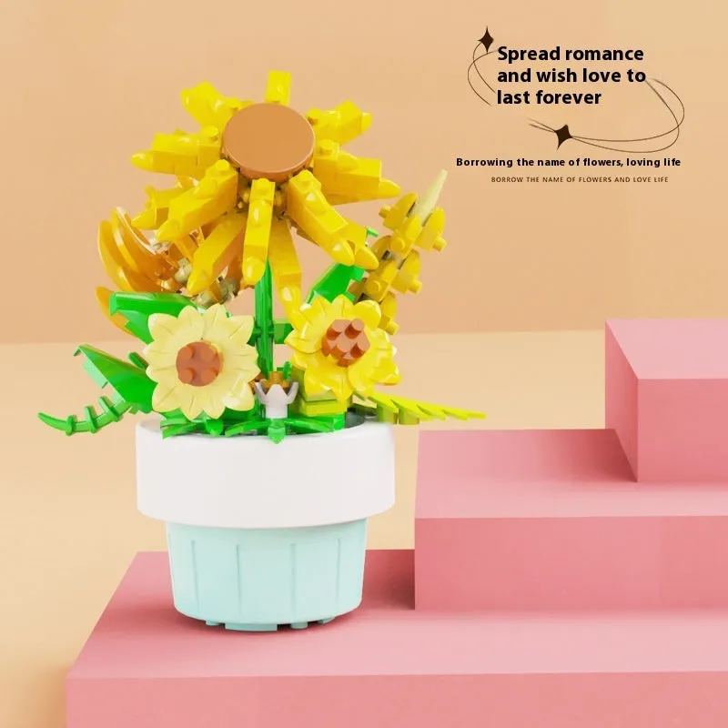 Micro diamond particle potted building blocks set in Smile to the Sun flower design, displayed in colour box packaging