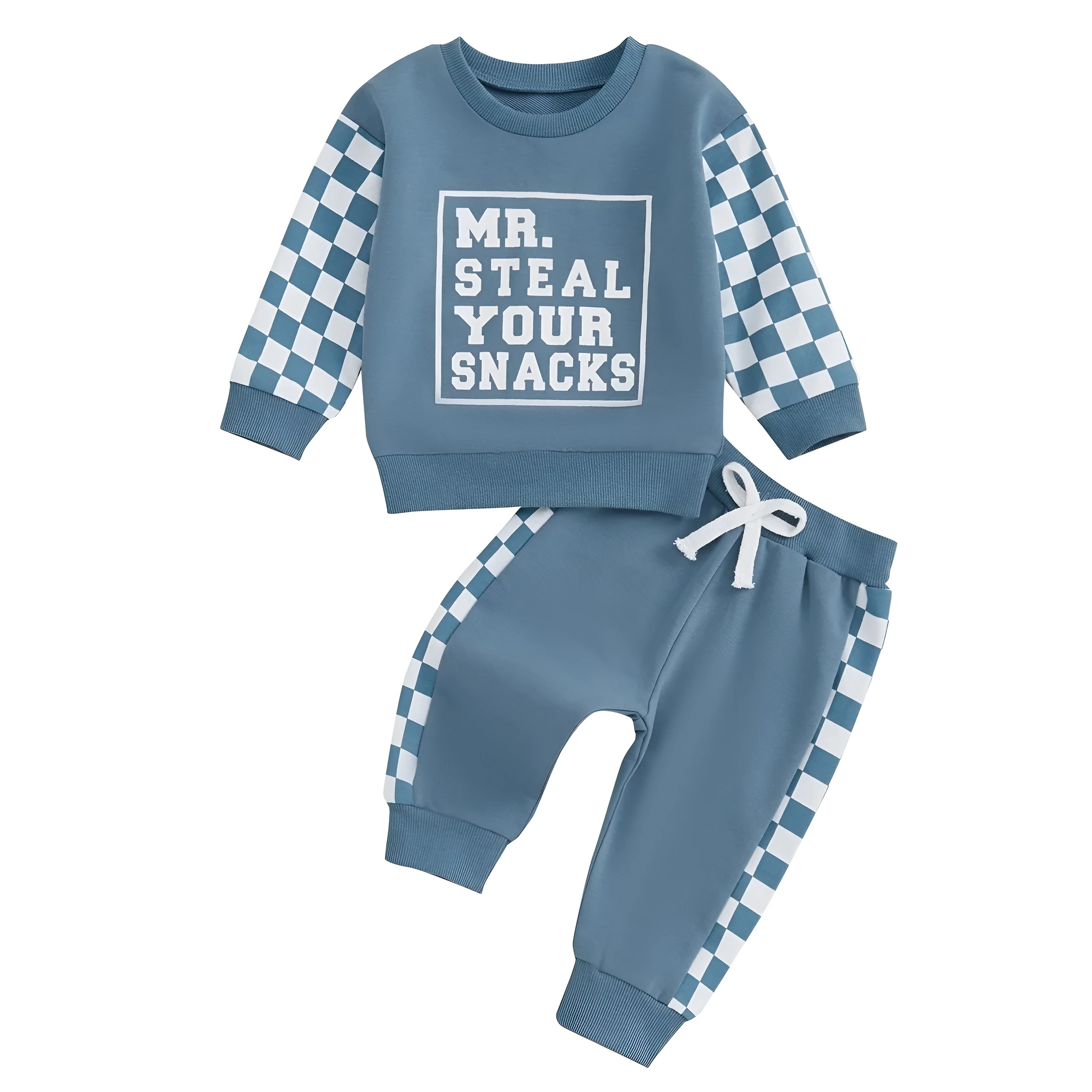 Baby boy girl casual plaid stitching round neck letter print sweater trousers suit in navy blue cotton knit