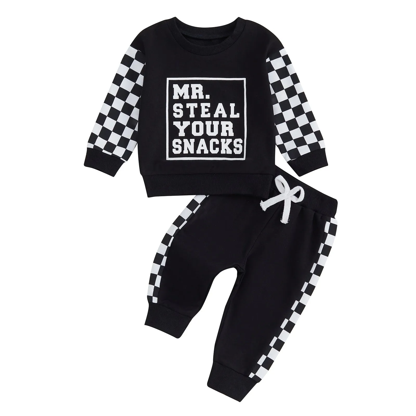 Baby boy girl casual plaid stitching round neck letter print sweater trousers suit in navy blue cotton knit