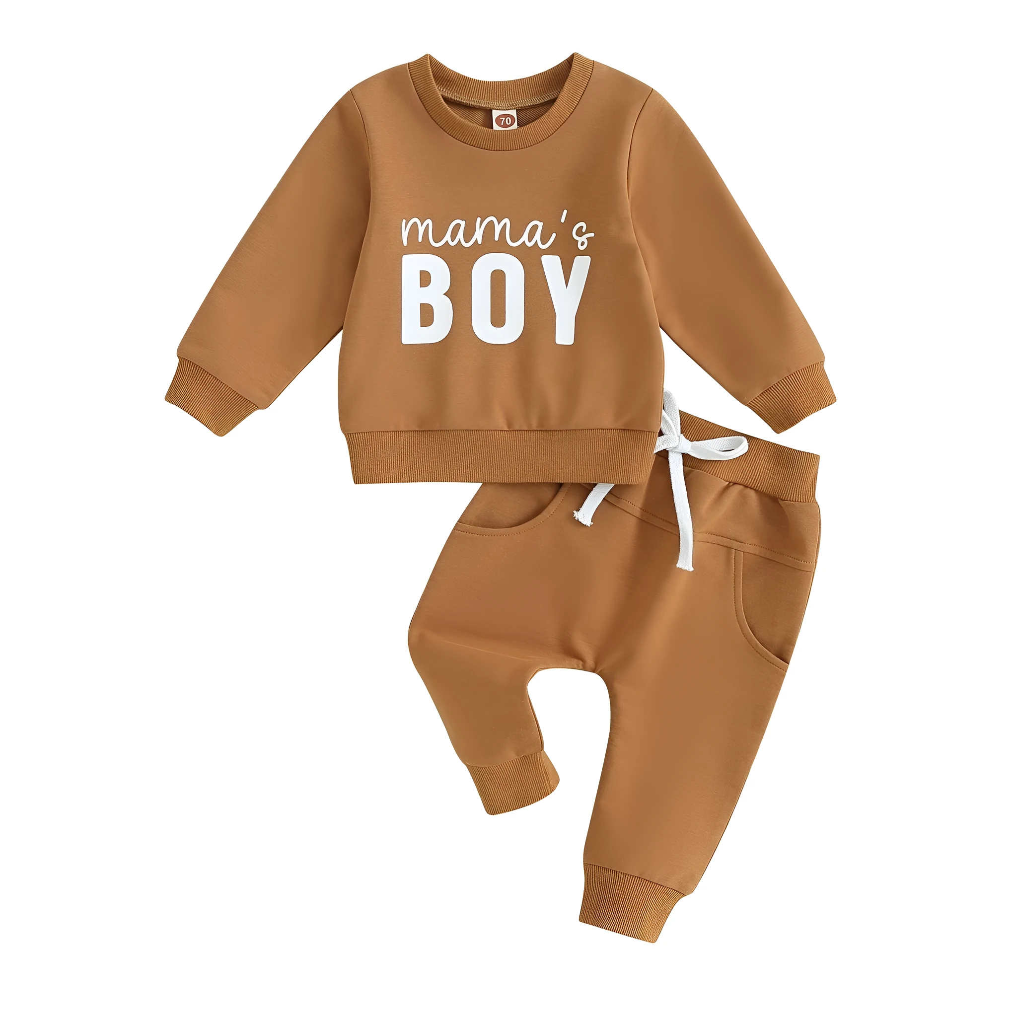 Dark brown boys long sleeve letter print shirt and trousers suit set on white background