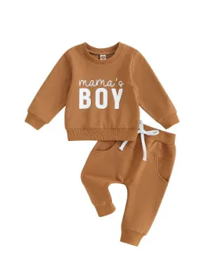 Dark brown boys long sleeve letter print shirt and trousers suit set on white background