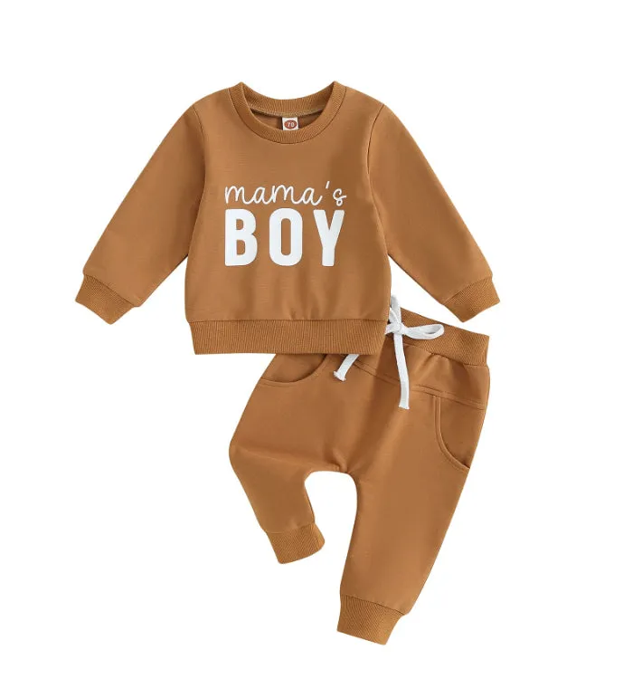 Dark brown boys long sleeve letter print shirt and trousers suit set on white background