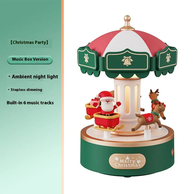 Carousel music box with ambience light showing rotating figurine and USB charging base