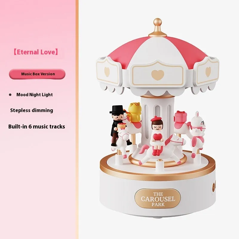 Carousel music box with ambience light showing rotating figurine and USB charging base