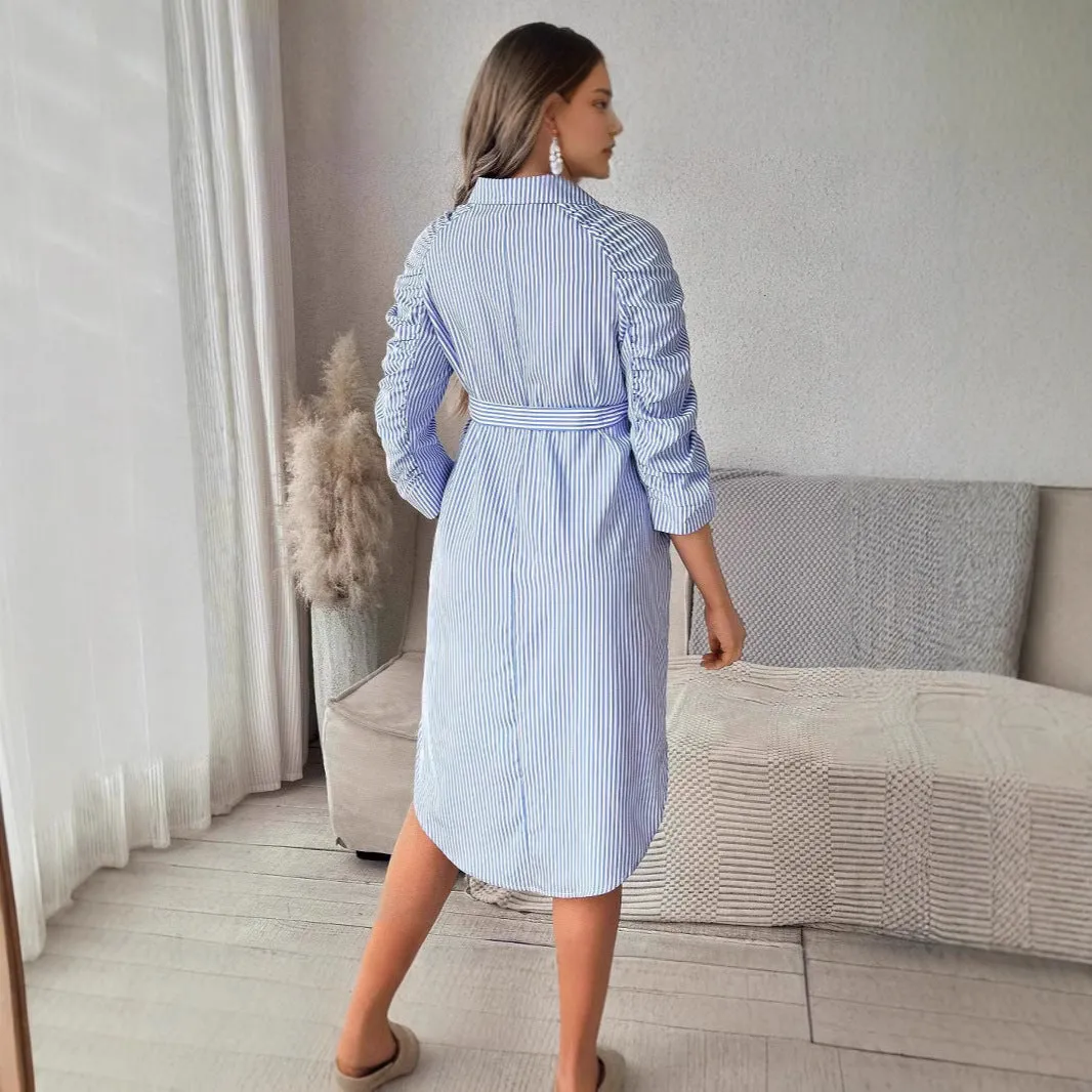 Women's striped lapel button maternity dress in blue and white stripes, three-quarter sleeves, asymmetric hem