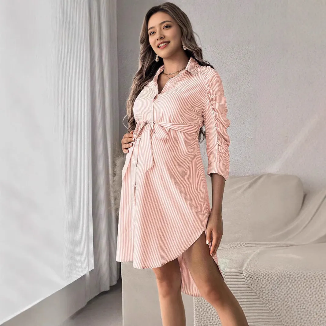 Women's striped lapel button maternity dress in blue and white stripes, three-quarter sleeves, asymmetric hem