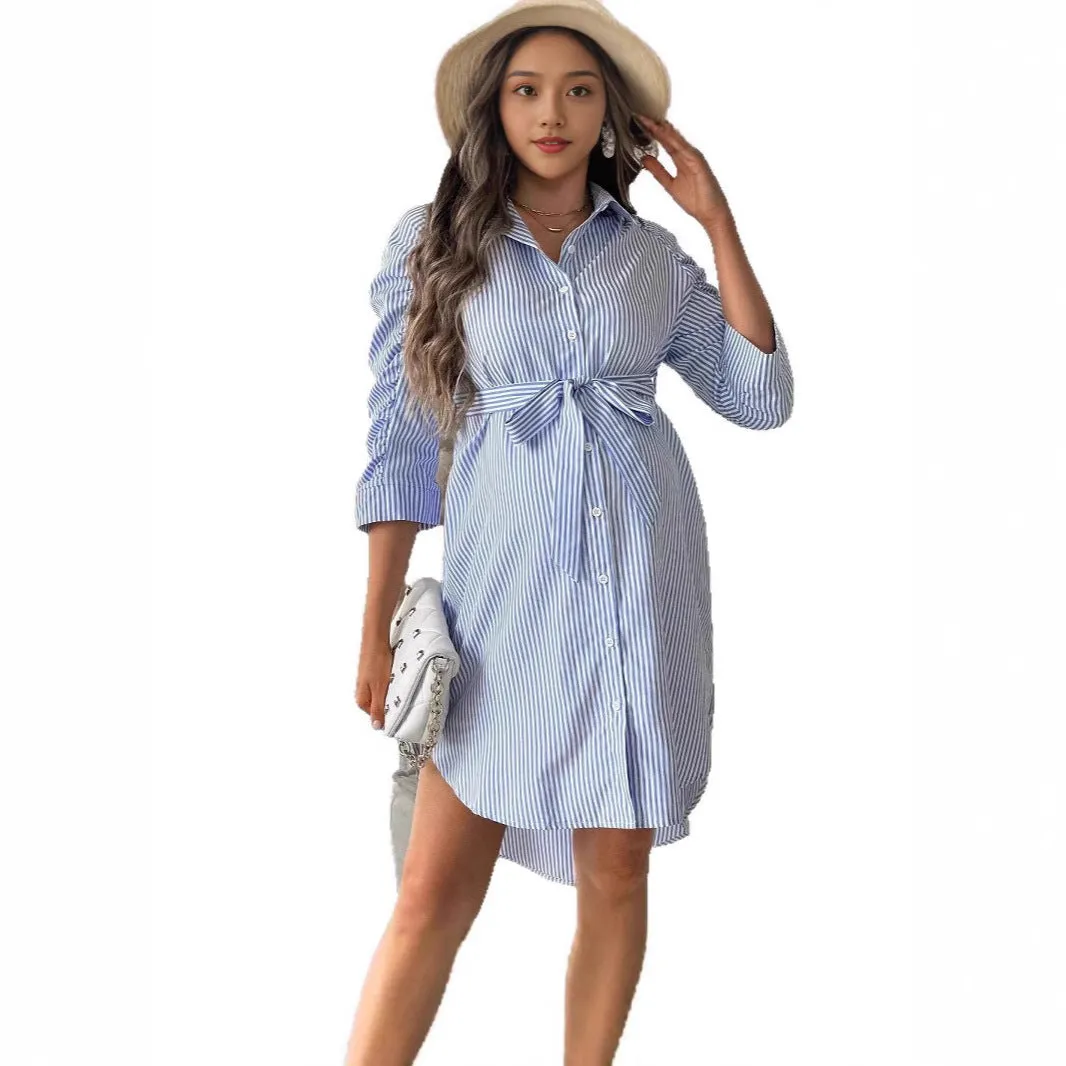 Women's striped lapel button maternity dress in blue and white stripes, three-quarter sleeves, asymmetric hem