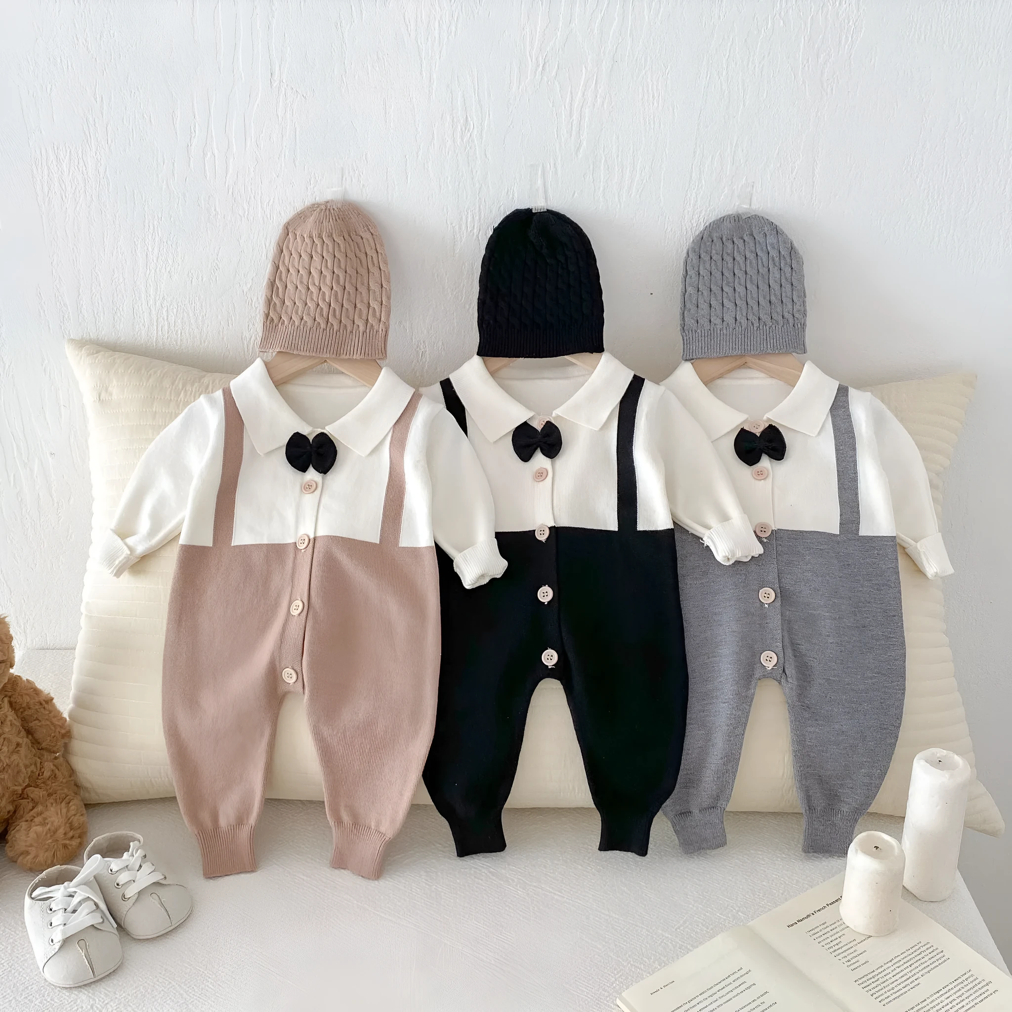 Infant lapel gentleman tie false two-piece suit in grey, brown, black, core-spun yarn fabric, long sleeve unisex baby romper for 66-90cm height