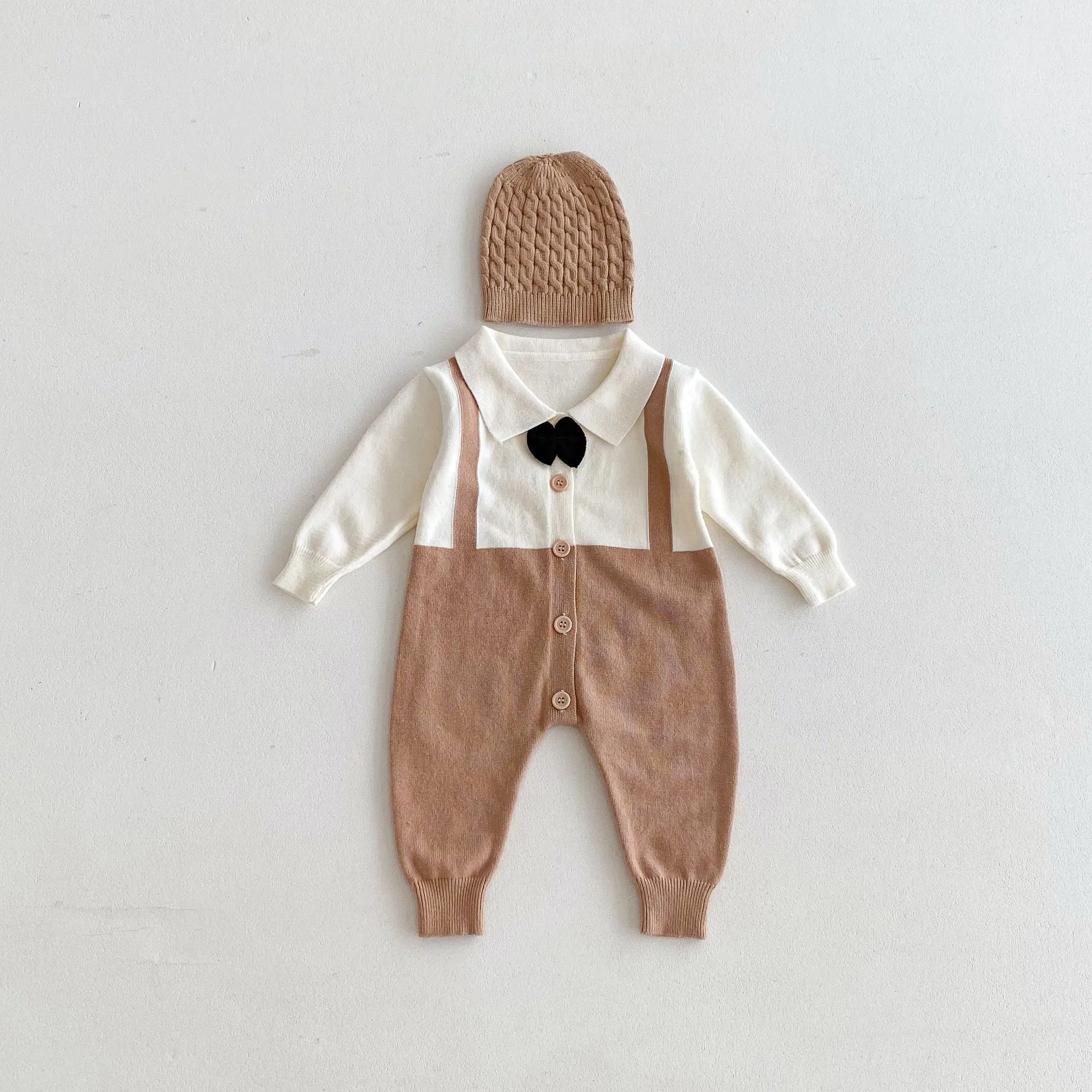 Infant lapel gentleman tie false two-piece suit in grey, brown, black, core-spun yarn fabric, long sleeve unisex baby romper for 66-90cm height