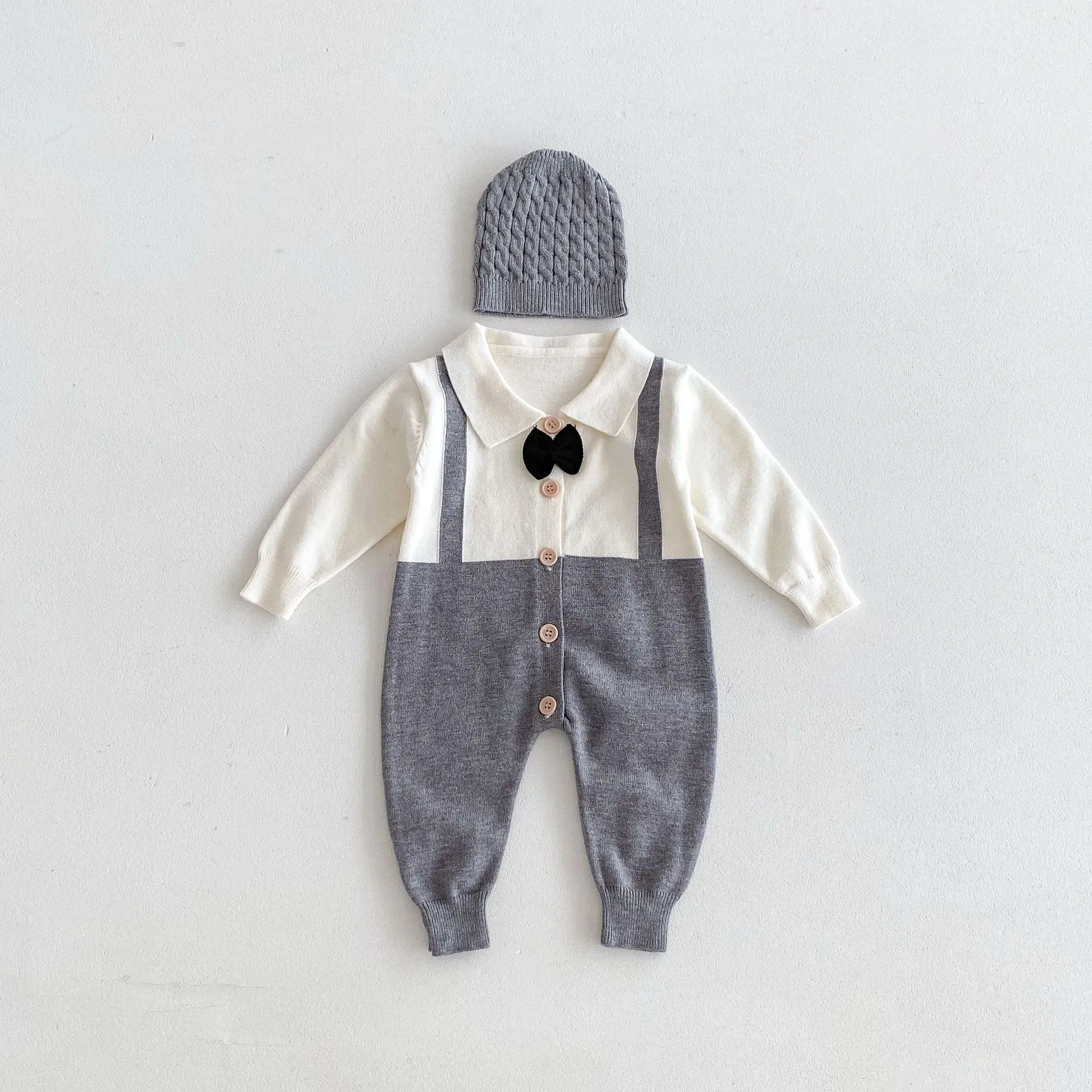 Infant lapel gentleman tie false two-piece suit in grey, brown, black, core-spun yarn fabric, long sleeve unisex baby romper for 66-90cm height