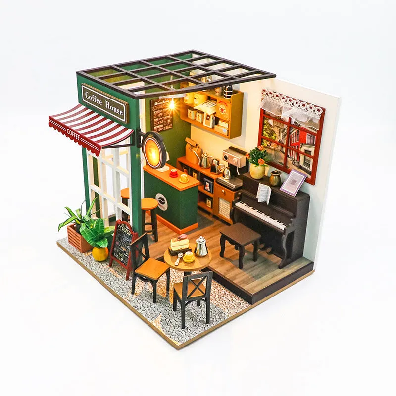 Wooden coffee shop doll house model kit with flash function and wooden construction