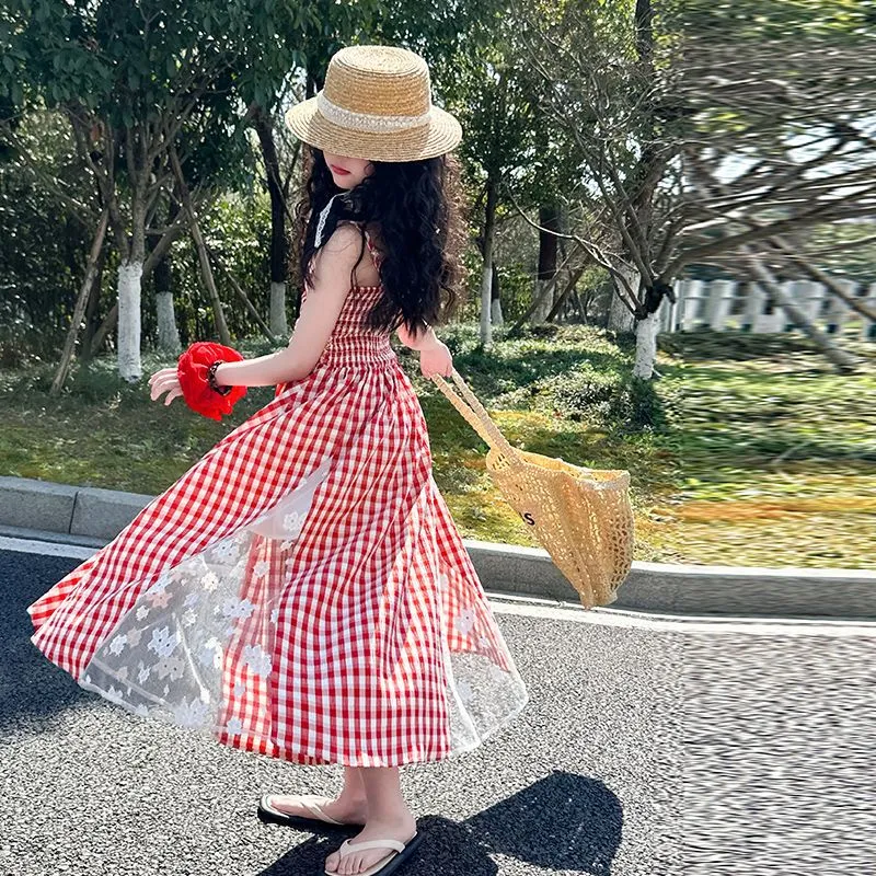 Girls red plaid non-slip princess dress with lace stitching, polyester fibre, available in 120cm to 170cm height options