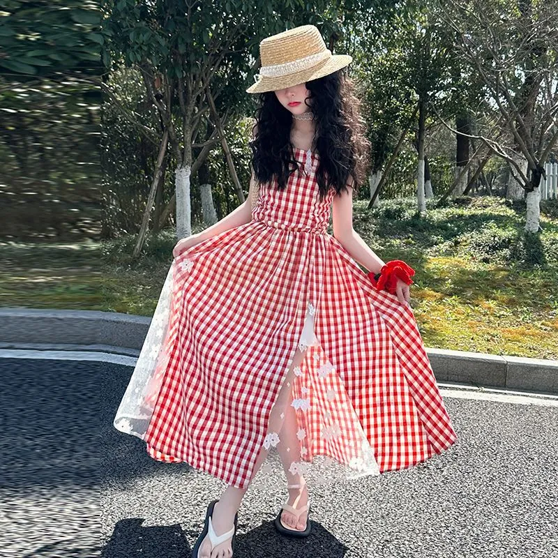 Girls red plaid non-slip princess dress with lace stitching, polyester fibre, available in 120cm to 170cm height options