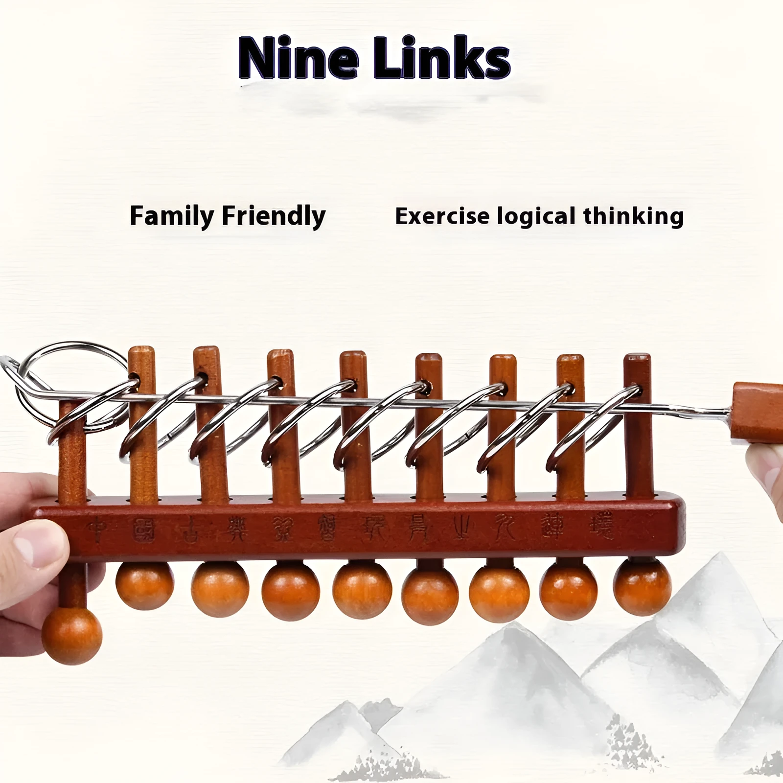 Classic wooden Luban Lock unlock puzzle on white background, 28.5x21cm size