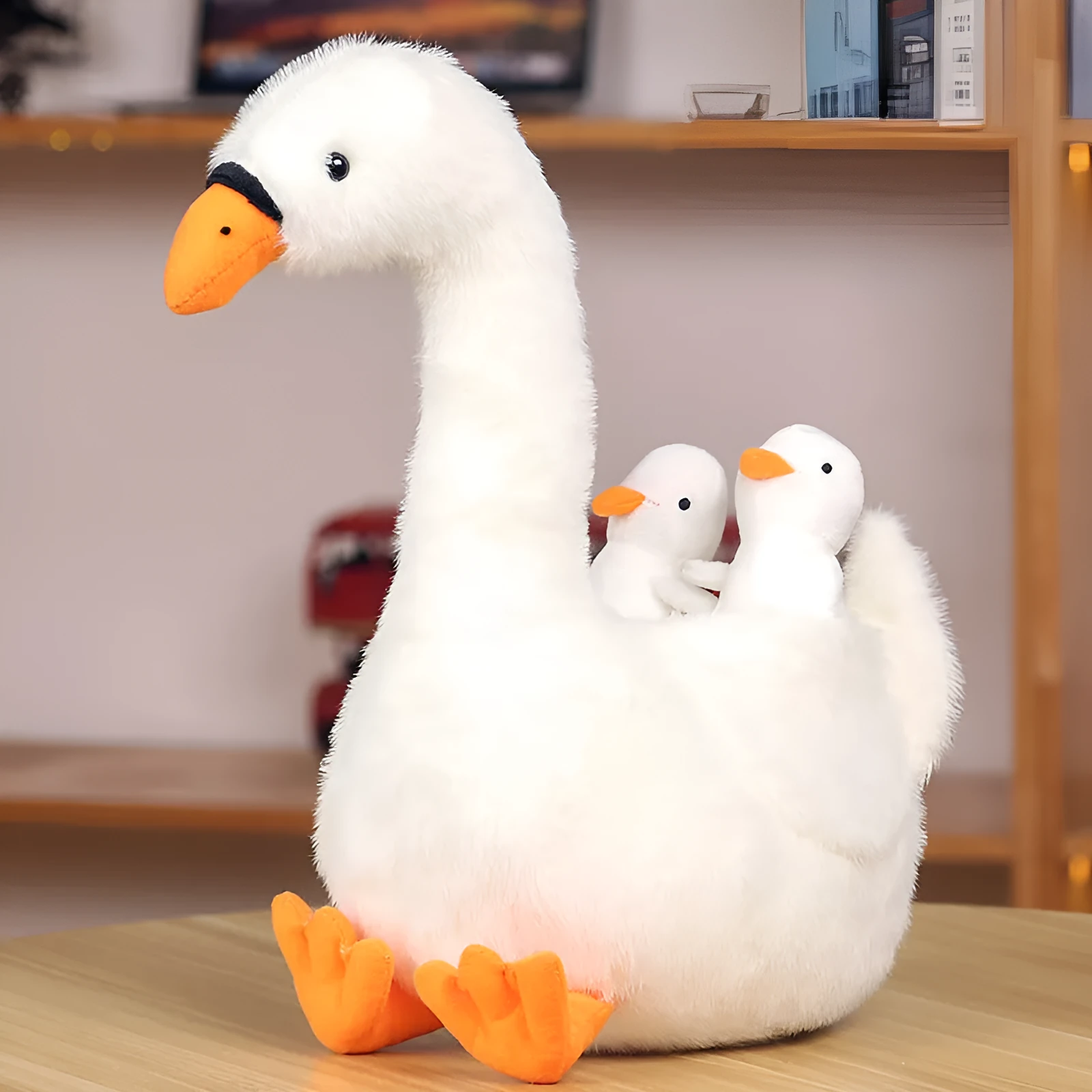 White plush mother and son goose doll 35cm tall on a plain background