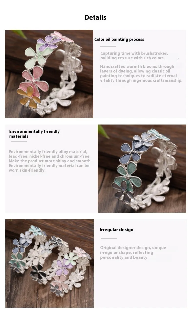 Women's zinc alloy flower elastic bracelet with adjustable band in blue floral design