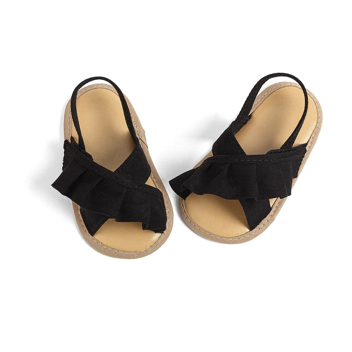 Baby girl toddler shoes with soft bottom, lace, and Velcro closure in white cotton cloth, side view