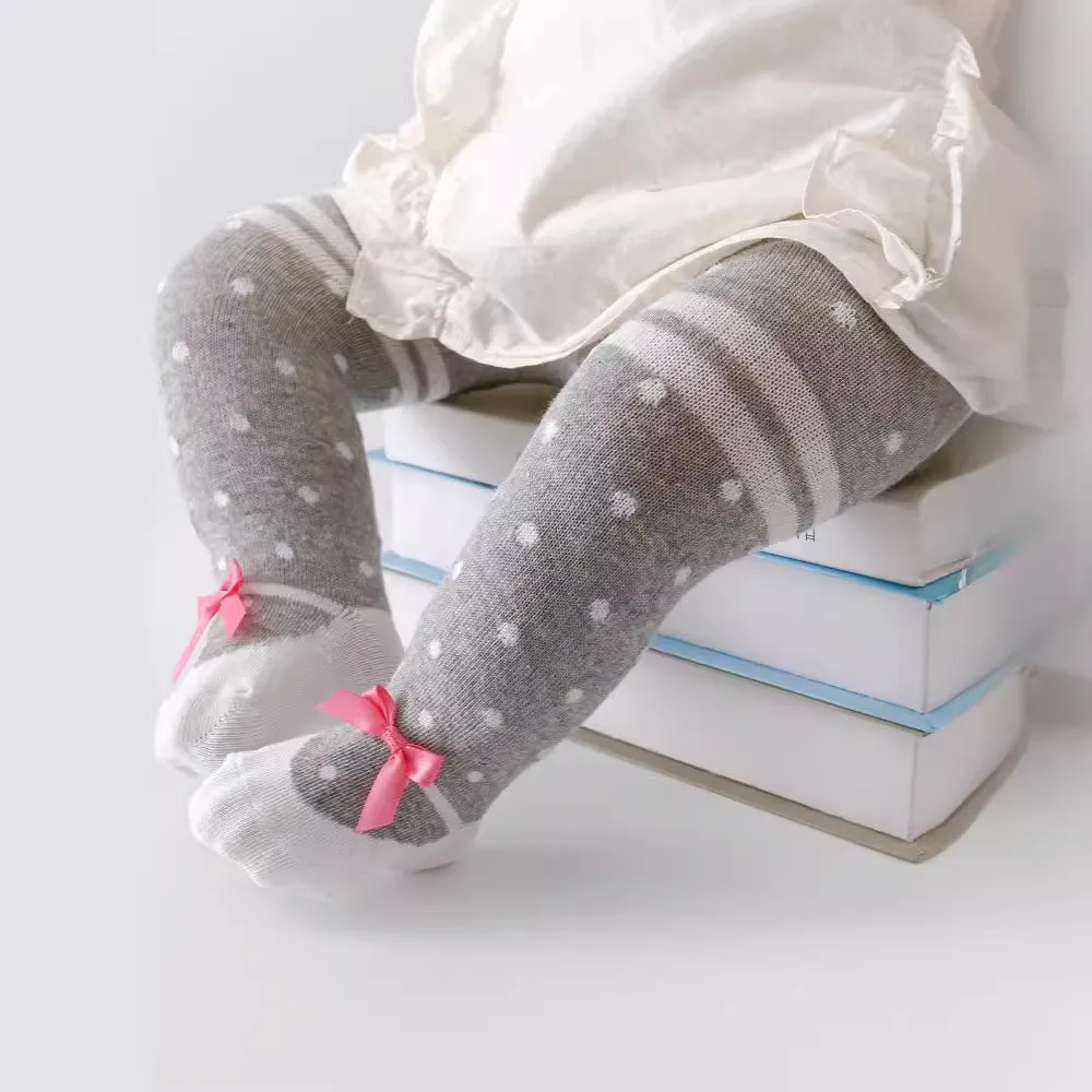 Baby cotton pantyhose leggings for boys and girls, high waist, gray white dots pattern, 0-12 months