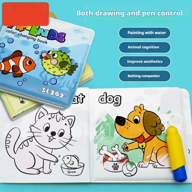 Magic Water Painting Colour Changing Bath Book with PEVA pages for baby bath time, showing animal friends theme