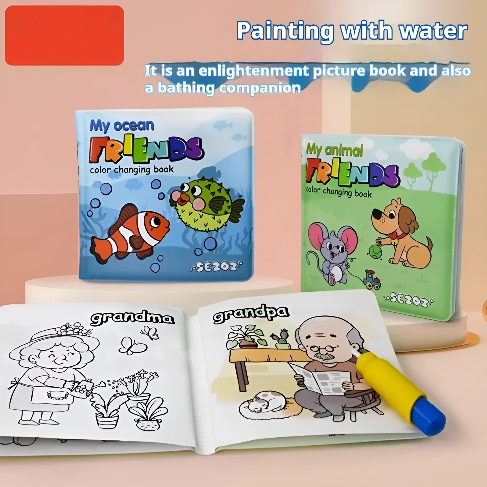 Magic Water Painting Colour Changing Bath Book with PEVA pages for baby bath time, showing animal friends theme
