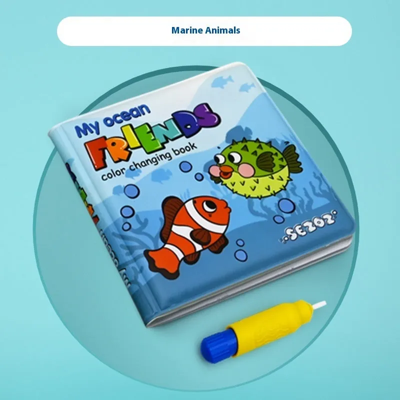 Magic Water Painting Colour Changing Bath Book with PEVA pages for baby bath time, showing animal friends theme