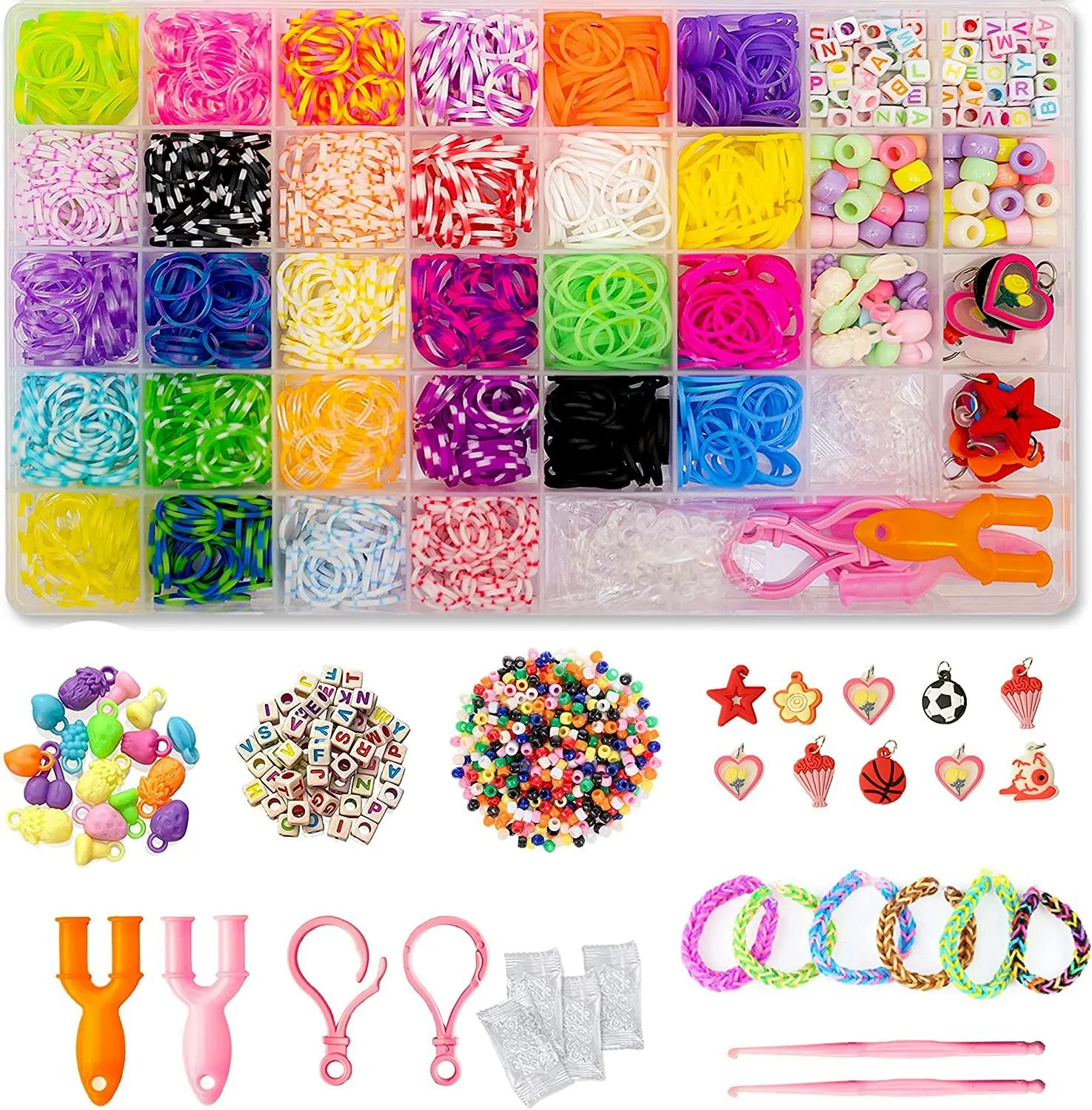Rainbow rubber band hand-woven DIY bracelet kit in a box with 40 grid colour cells and TPR bands