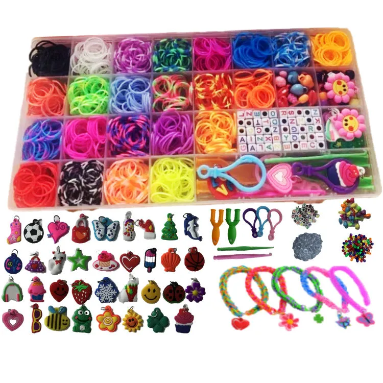 Rainbow rubber band hand-woven DIY bracelet kit in a box with 40 grid colour cells and TPR bands