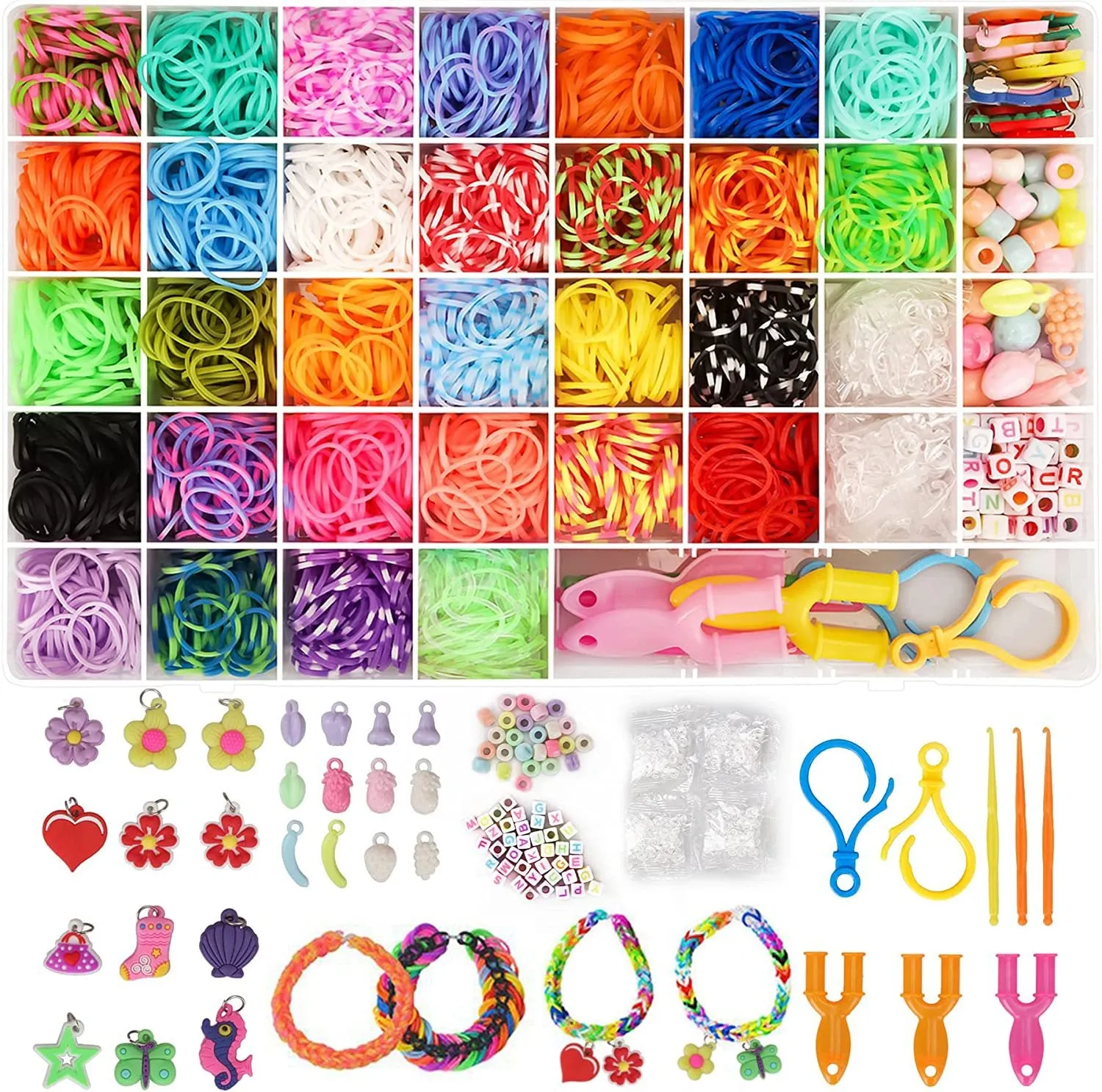 Rainbow rubber band hand-woven DIY bracelet kit in a box with 40 grid colour cells and TPR bands