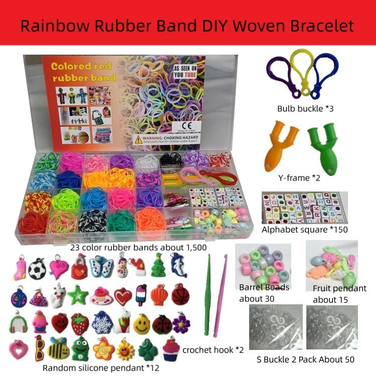 Rainbow rubber band hand-woven DIY bracelet kit in a box with 40 grid colour cells and TPR bands