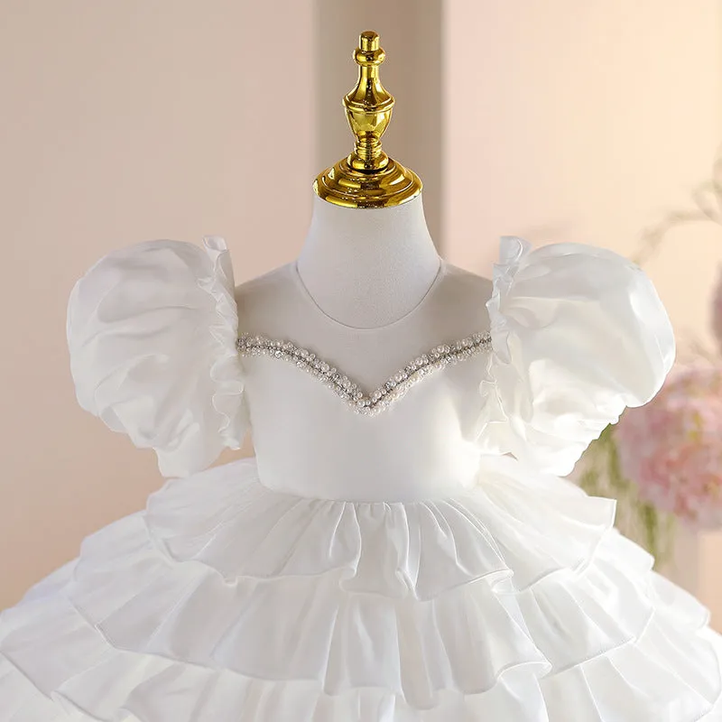 White light luxury princess dress for girls, suitable height 80-150cm, chemical fibre blend with polyester lining